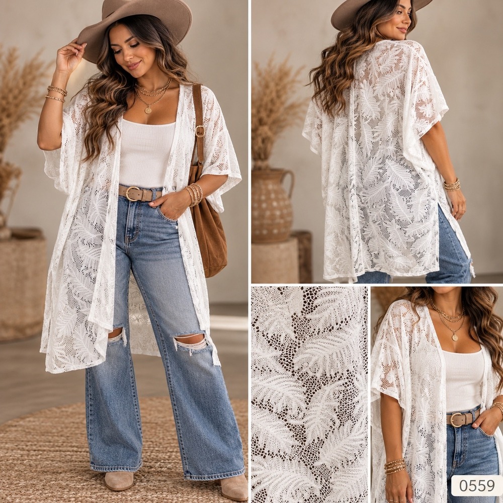 Do Everything in Love White Lace Palm Leaf Kimono Cardigan One Size 0559
